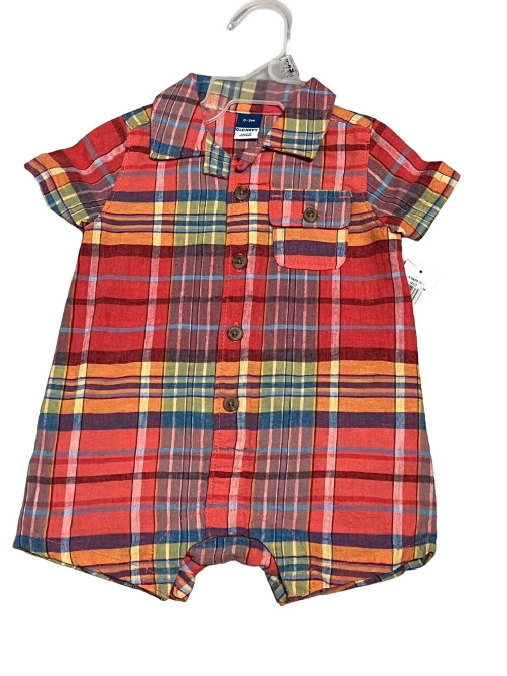 Old Navy baby boys 0-3m NWT orange blue yellow plaid shorts romper button up